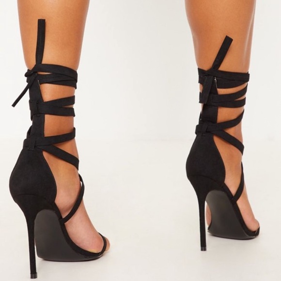 Black Pointed Toe Tie High Heels - Picture 2 of 6
